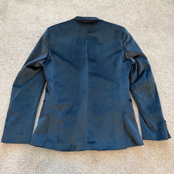 Moss London Velvet Blazer Mens S/M Blue Single Breasted Party Formal Holiday - Picture 10 of 11